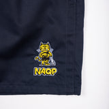 Navy blue fabric with a yellow and white embroidered logo on a white background